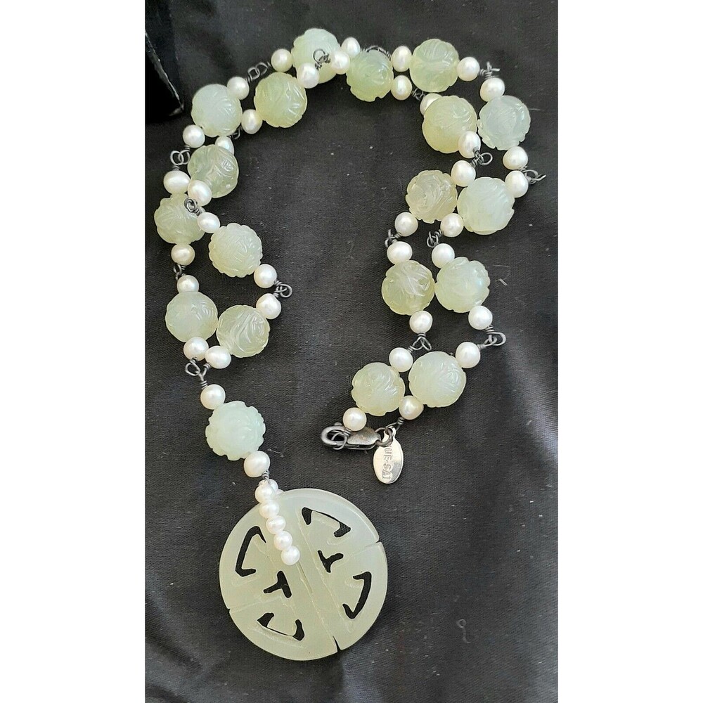 Vintage Yue-Sai Carved Jadeite & Pearl Silver Drop Pendant Link Necklace 41.0 g